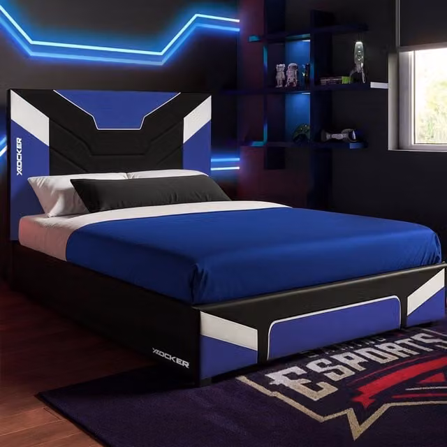 X Rocker Cerberus Double Gaming Bed for Kids and Teens in Blue Faux Leather with Under-bed Lighting W/D/H: 140 x 200 cm
