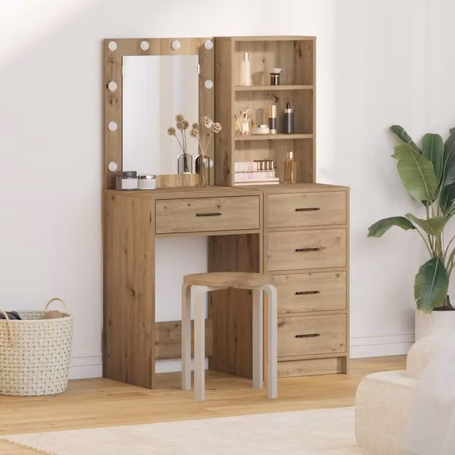 Berkfield Home 2 Piece Hollywood LED Dressing Table Set in Brown Artisan Oak – 1