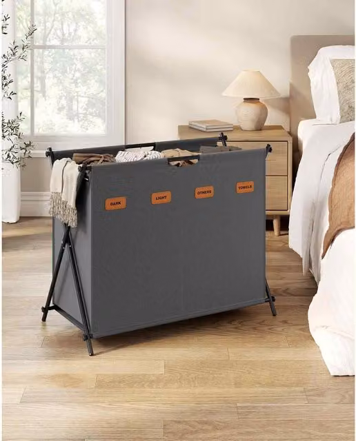 The Bazaarist 4 Compartment Foldable X Frame Laundry Basket with Handles in Slate Grey