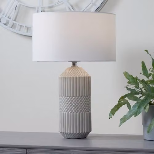 Pacific Lifestyle Grey and White Geometric Textured Ceramic Table Lamp with White Fabric Cylinder Shade – 1