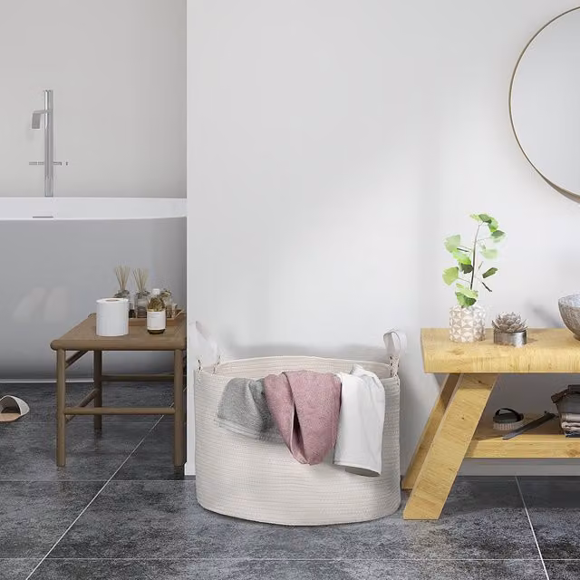 HOMCOM Collapsible Laundry Hamper with Handles in Beige and White, Height: 56 cm