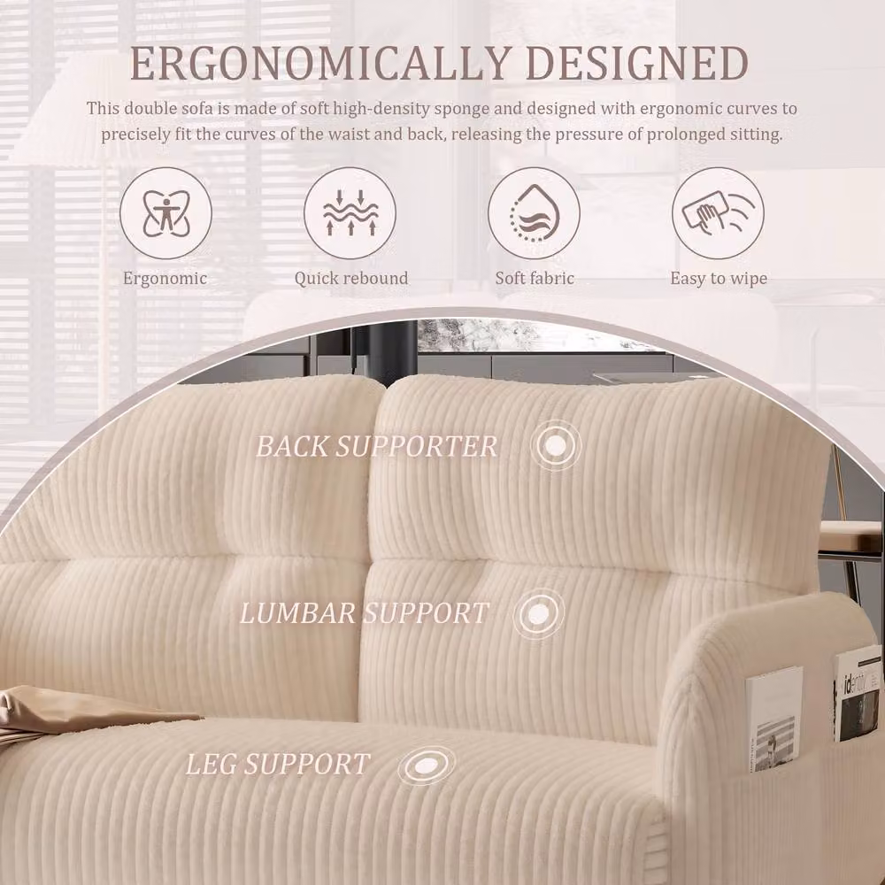 HomeTouch Modern 2-Seater Upholstered Loveseat in Beige with Side Pockets and Armrests, W/D/H: 120 x 79 x 79 cm – 3
