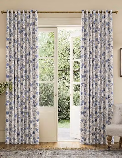 Joules Indienne Blue Mix Floral Pure Cotton Eyelet Blackout Curtains H: 229 cm x W: 168 cm