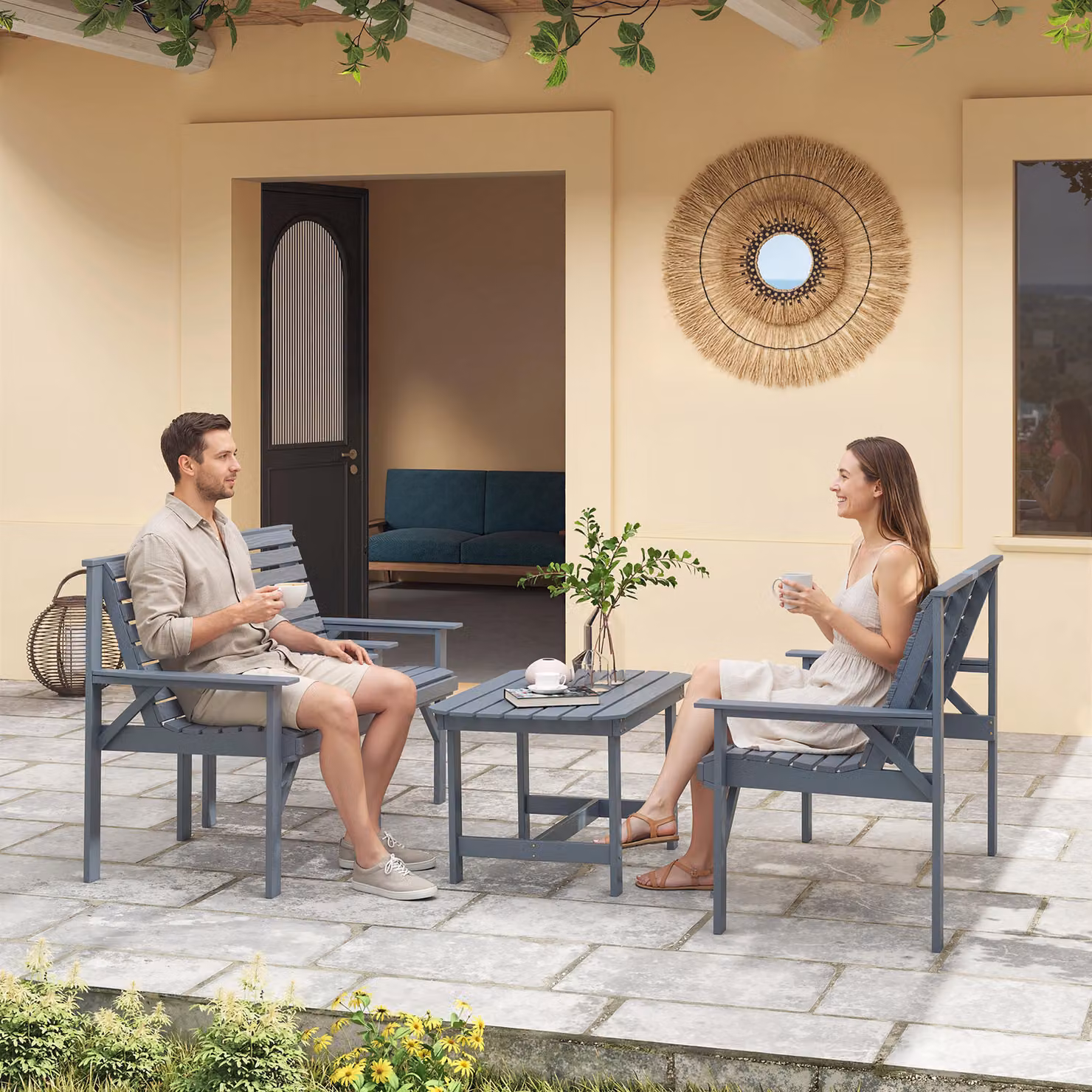 Outsunny 4 Piece Grey Wooden Garden Furniture Set with 2 Seater Sofa, 2 Armchairs and Coffee Table – 8