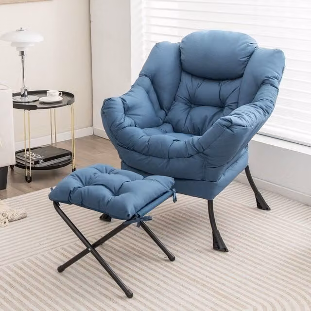 Costway Blue Fabric Accent Lazy Chair with Ottoman and Metal Frame