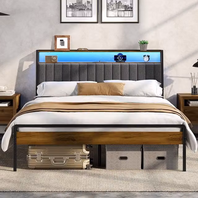Yaheetech King Size Upholstered Bed Frame with USB Charging Ports, Under-Bed Lighting and Side Storage Compartments in Brown and Grey
