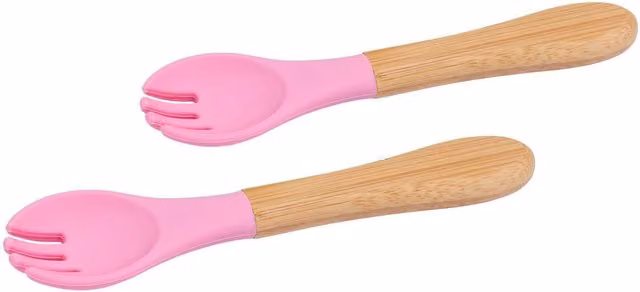 Tiny Dining Bamboo Baby Weaning Forks with Silicone Tips, Pack of 2, Pink