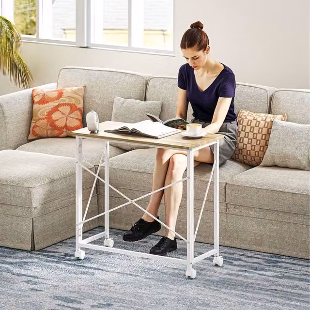 HOMCOM Small Folding Computer Desk with Castors, Oak and White