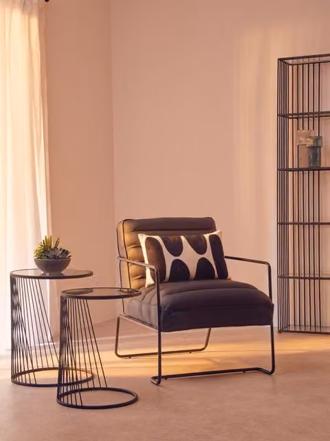Interiors by Premier Orsina Set of 2 Round Side Tables with Grey Glass Tops and Black Metal Sled Base – 2