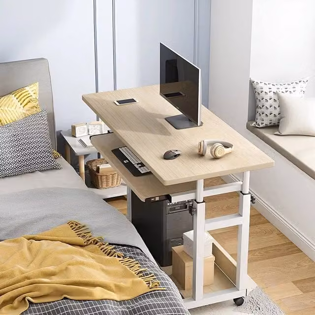 Kelvenix Height Adjustable Rolling Computer Desk in Natural Oak with Metal and Wood Construction