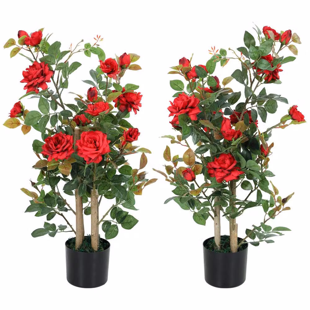 HOMCOM Set of 2 Red Artificial Rose Trees with 344 Silk Leaves and 17 Flowers – 2