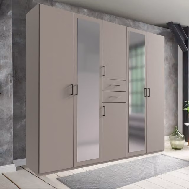 TJS Dillingen Modern Grey Wardrobe with Hinged Doors and Mirror
