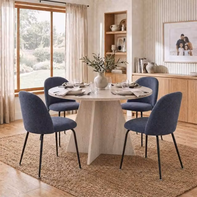FWStyle Erin Round Travertine Dining Table and 4 Steel Blue Dining Chairs Set in Beige