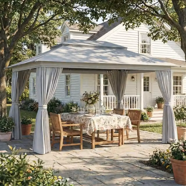 Outsunny Grey Outdoor Garden Gazebo with Netting and Curtains, W 4 m x D 3 m