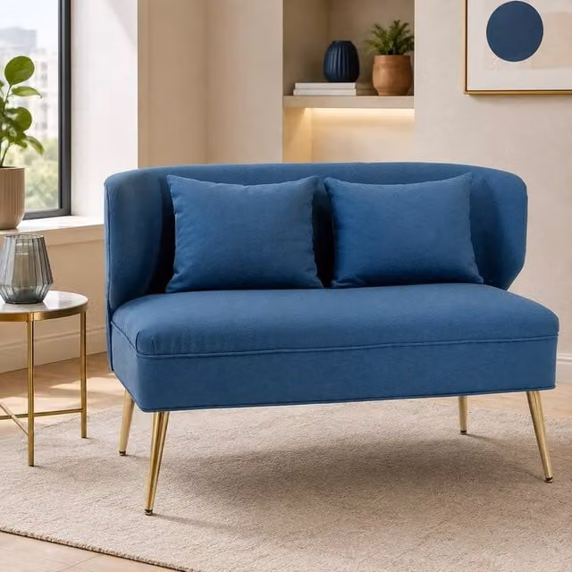 STILVORA 2 Seater Blue Wing Back Sofa with Metal Legs and Linen Fabric Upholstery