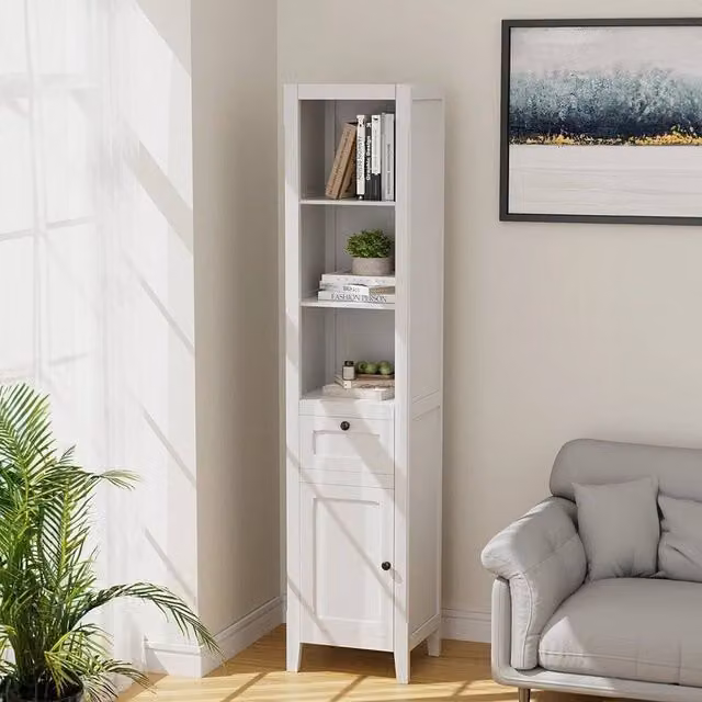 KORVIXA Tall Slim White Bathroom Storage Cabinet with Internal Shelves and Hinged Doors – 1