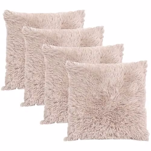 Sienna Set of 4 Fluffy Plush Coral Fleece Square Cushion Covers in Beige and Brown, W/D/H: 45 x 45 x 45 cm