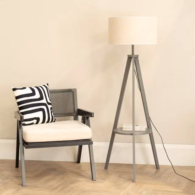 Morrigan Wood Tripod Floor Lamp with Grey Fabric Shade
