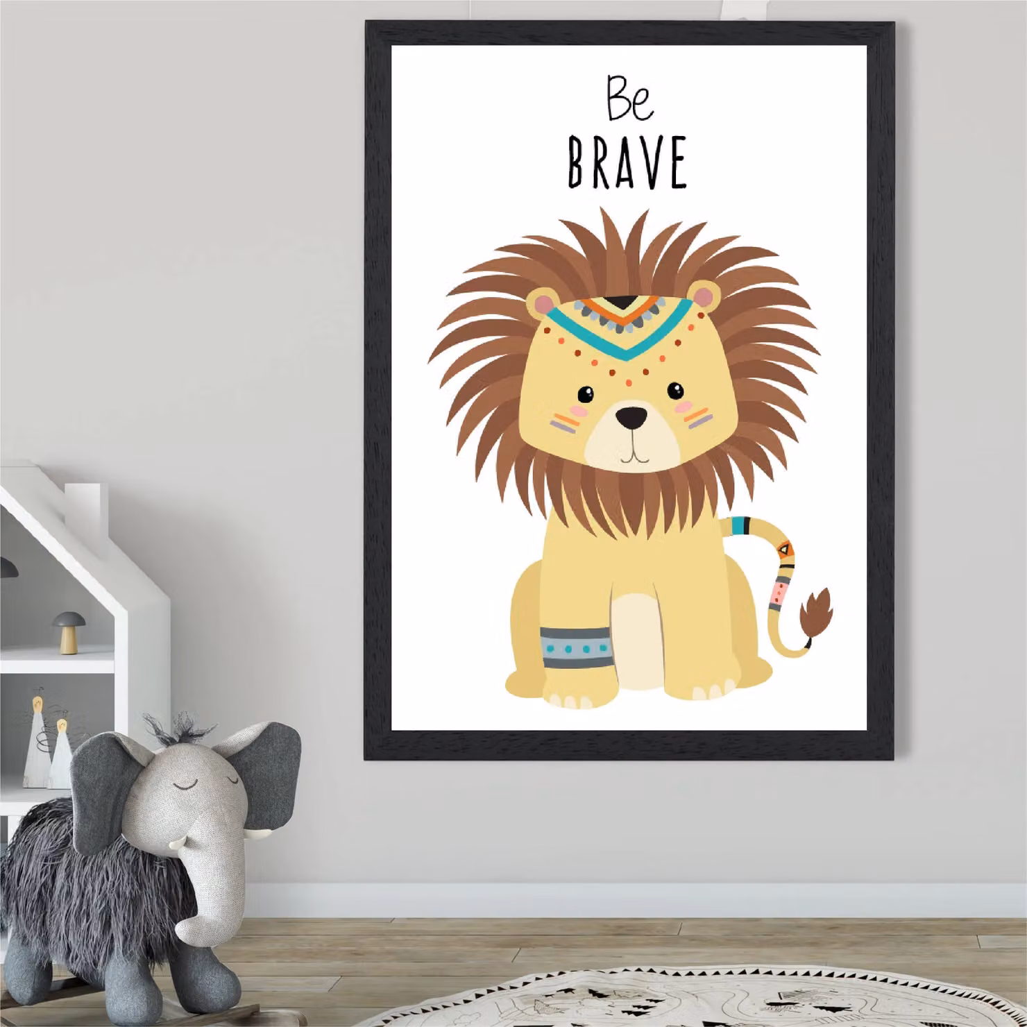 ARTZE Be Brave Lion Tribal Animal Quote Framed Print, Yellow and Black, A3 – 2