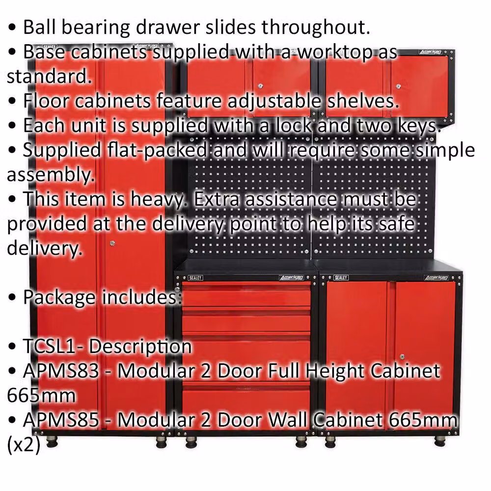 Loops Red and Multicolour Modular Garage Storage System, Wall-Mounted Metal Workshop Cabinets with Hinged Doors and Internal Shelves, W/D/H: 200 x 66.5 x 4 cm – 2