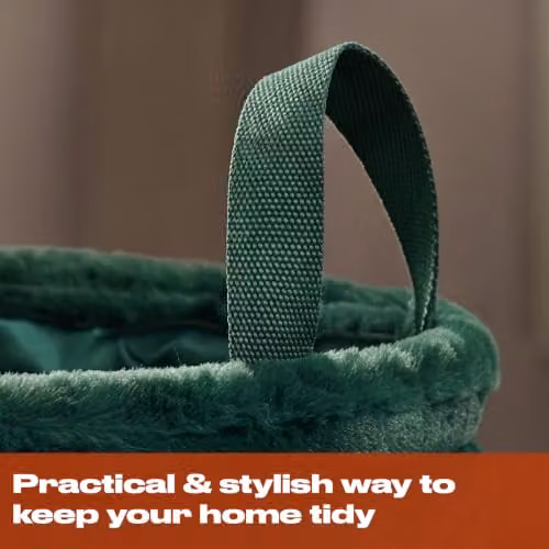 OHS Ribbed Faux Fur Storage Basket with Handles, Green, W/D/H: 30.0 x 26.0 x 23.4 cm – 2