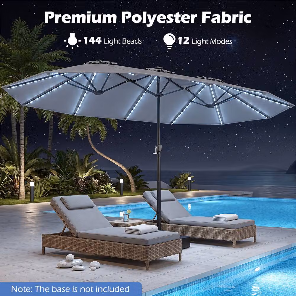 Costway 15ft Double-Sided Cantilever Outdoor Patio Umbrella with 144 Solar LED Lights in Grey – 8