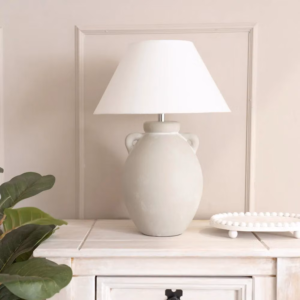 ValueLights Daphne Grey Ceramic Table Lamp with Linen Tapered Lampshade and LED Bulb – 3