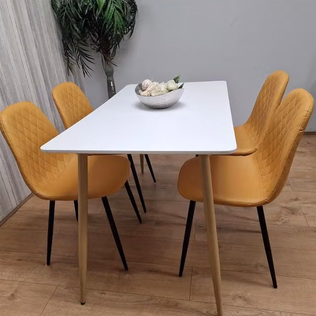 Kosy Koala Modern Dining Set with White Rectangular Table and 4 Yellow Geometric Chairs