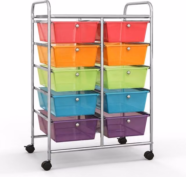 Costway 10 Drawer Mobile Storage Trolley with Castors, Multicolour Metal Utility Cart for Home, Office or Kitchen