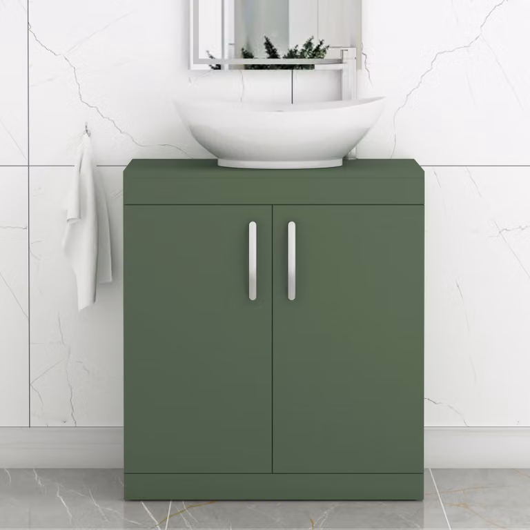 Royal Bathrooms Turin 500mm Floor Standing 2 Door Vanity Unit in Matte Green with Countertop Basin and Brushed Brass Handle