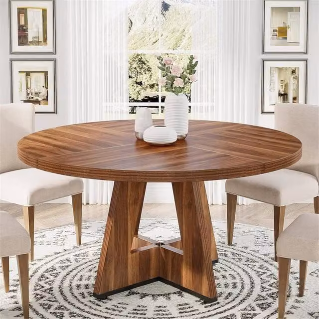 Nordara Round Rustic Wood Dining Table in Brown, Diameter: 120 cm, Height: 75 cm