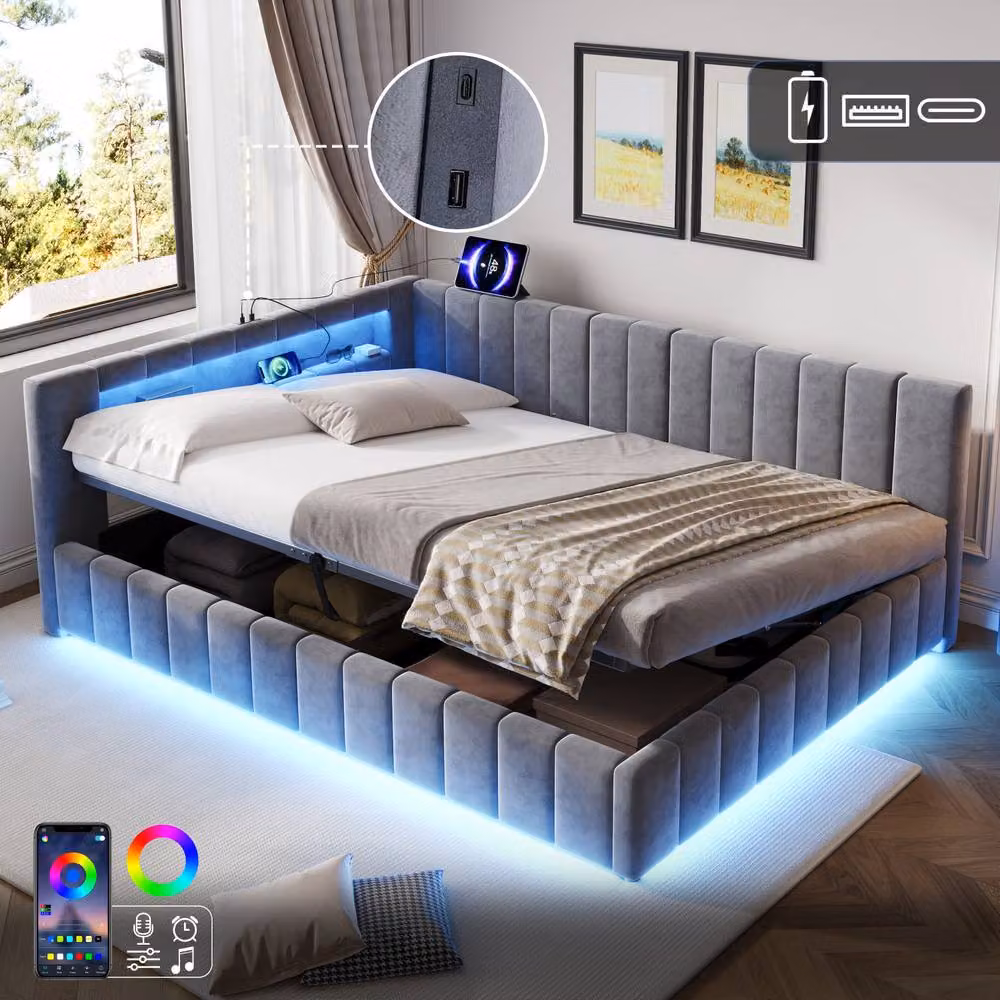 Merax Grey Velvet Double Hydraulic Storage Bed with LED Lighting and USB Charging Station, W/D/H: 140 x 200 x 45 cm – 2