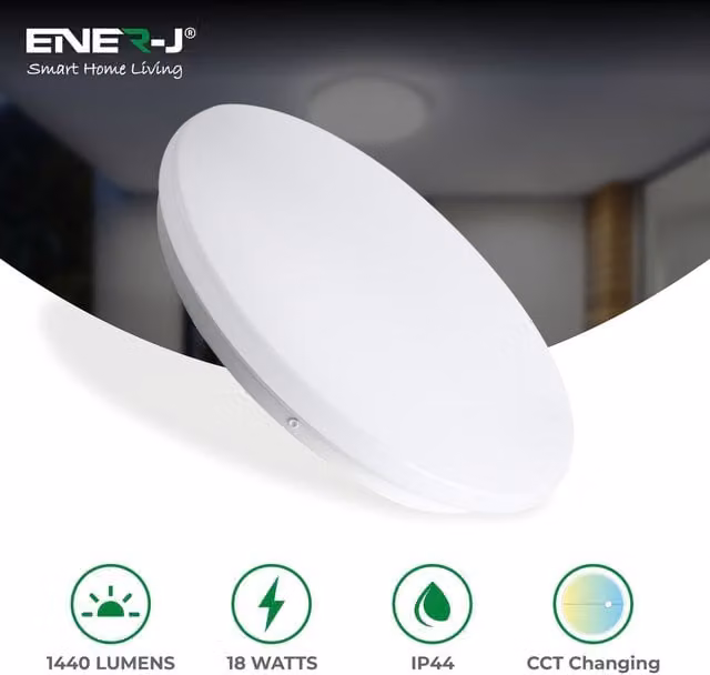 Ener J 18W LED Ceiling Light with Microwave Motion Sensor, 1440 Lumens, CCT Changeable, White, W/D/H: 300 x 300 x 55 mm