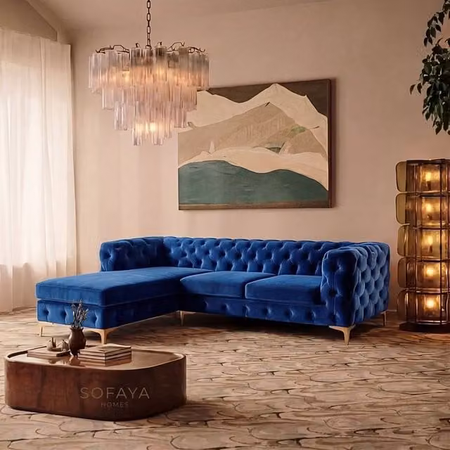 Sofaya Monaco Chesterfield 3 Seater L-Shaped Sofa in Blue Velvet with Left Hand Chaise
