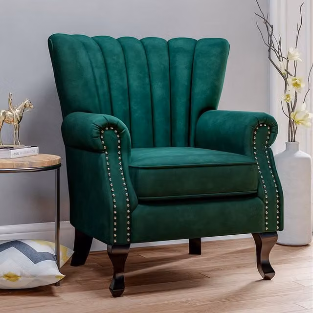 Livingandhome Art Deco Green Velvet Armchair with Armrests