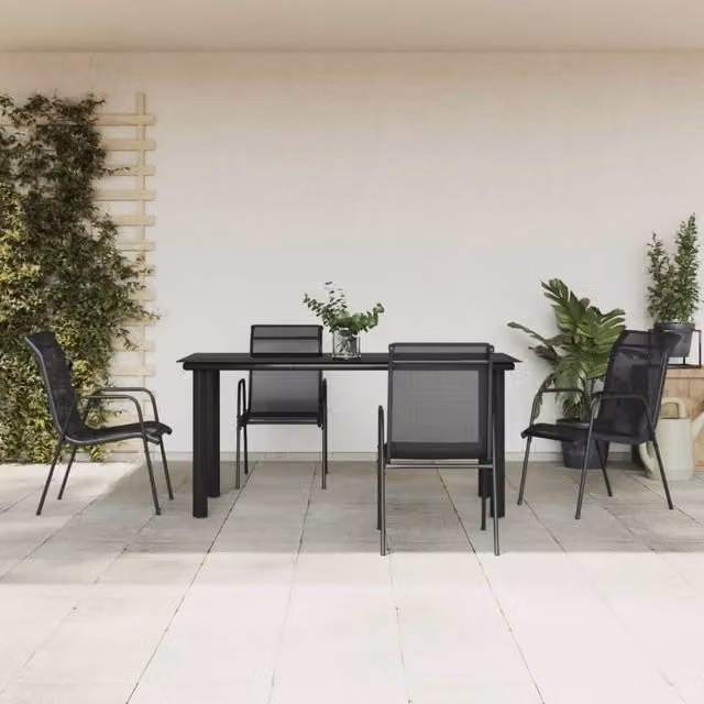 Berkfield Home 5 Piece Garden Dining Set in Black Matt Powder Coated Steel and Textilene with Glass Tabletop – 1