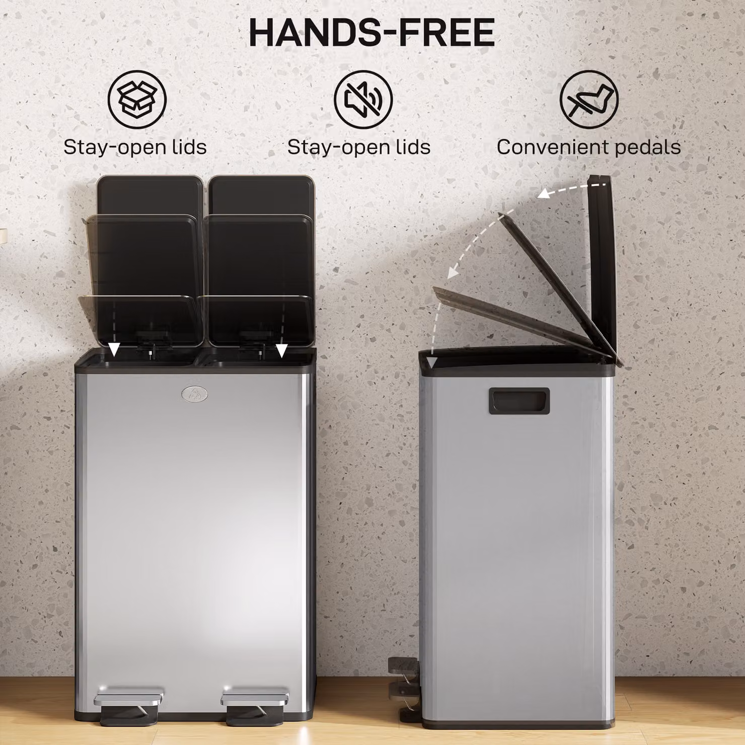 HOMCOM 56L Dual Compartment Stainless Steel Pedal Bin with Deodoriser Holders in Silver Tone – 5