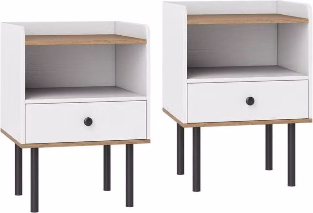 VOGREX Set of 2 White Modern Bedside Nightstands with Drawer and Open Storage Shelf