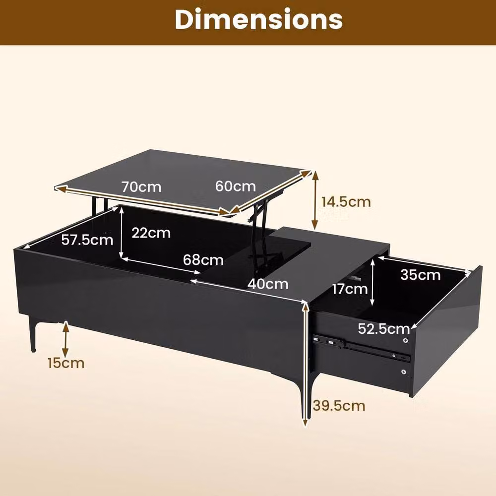KORVIXA Modern Rectangular Lift Top Coffee Table with Hidden Compartment in Black – 2