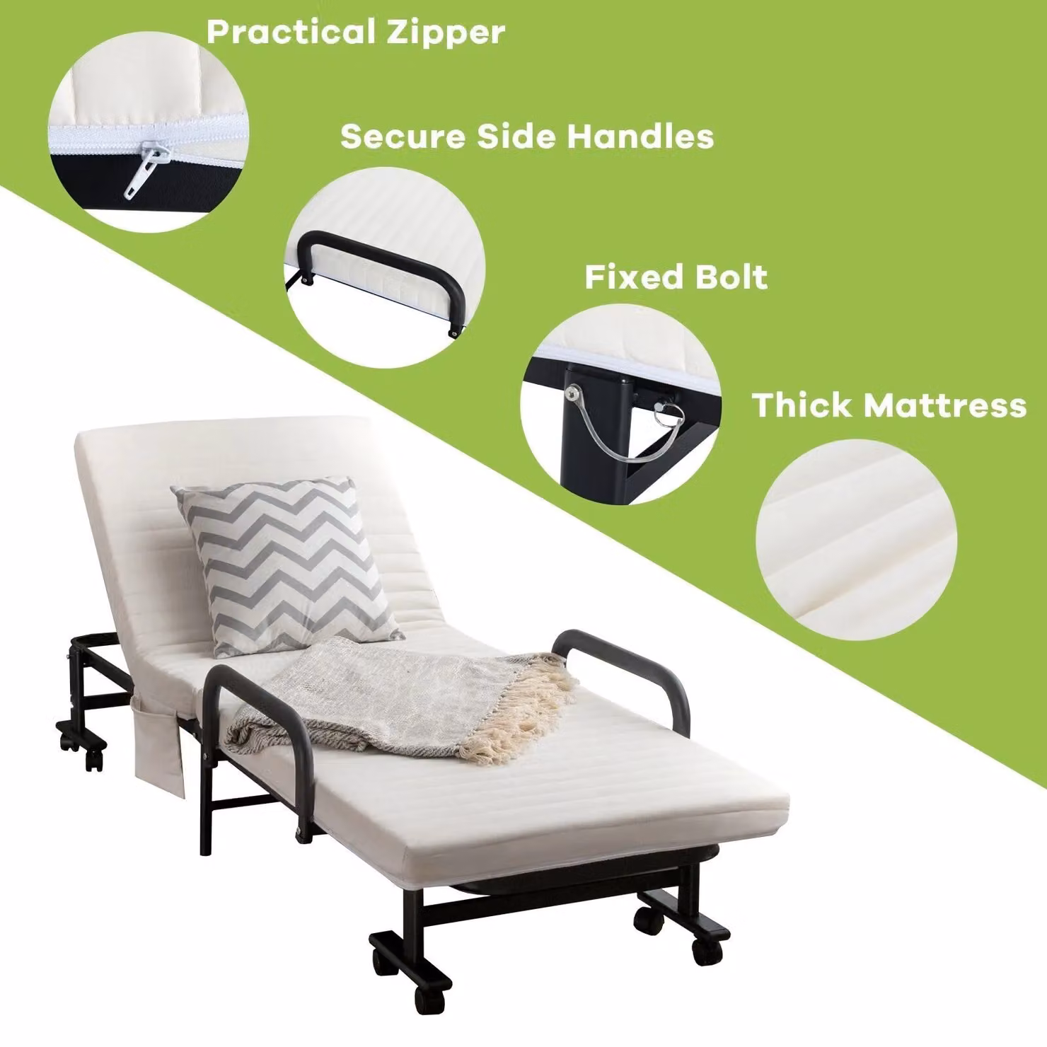 Costway Folding Single Sofa Bed with Mattress and Wheels in White – 3