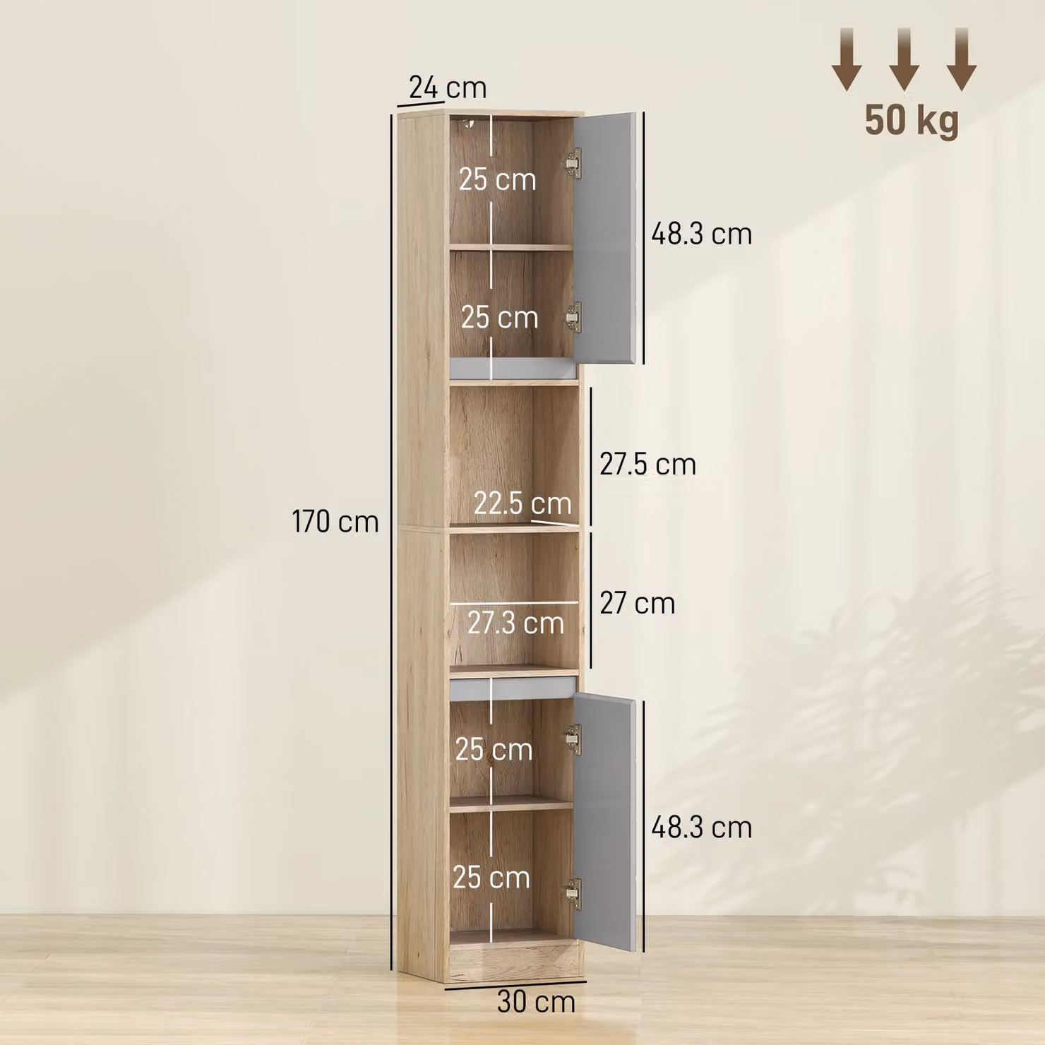 HOMCOM Grey Freestanding Retro Bathroom Storage Cabinet with Hinged Doors and Internal Shelves – 3