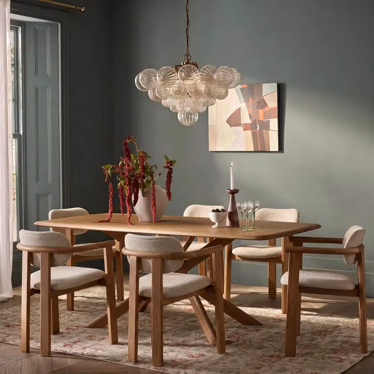 Atkin and Thyme Cruz Oak Dining Table and 6 Cora Neutral Bouclé Dining Chairs Set