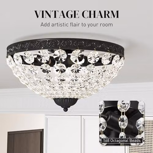 HOMCOM Crystal Chandelier Ceiling Light, 2-Light Flush Mount in Black and Transparent – 3