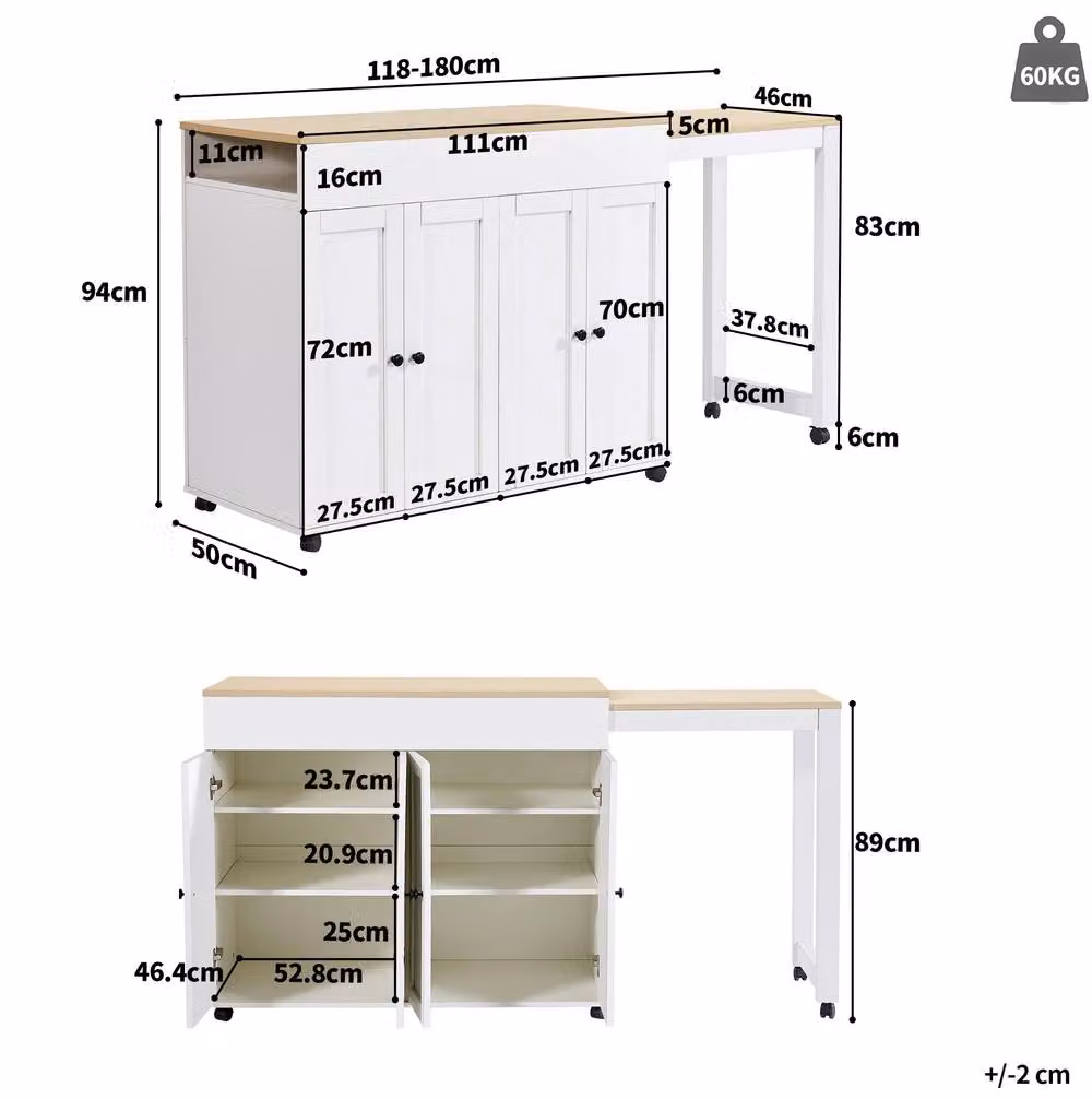 STILVORA Extendable Modern Rectangular Bar Table with Storage in White, W/D/H: 94 x 50 x 62 cm – 2