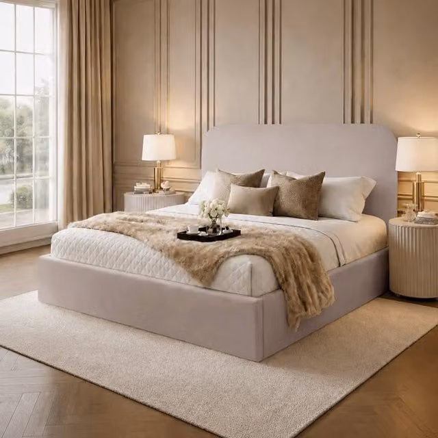 Desire Deco Lucia Upholstered Plush Velvet Panel Bed Frame in Light Beige, Size: 180 x 200 cm