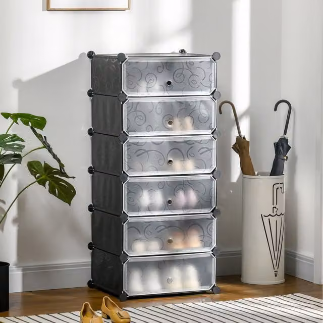 HOMCOM 6 Tier Shoe Rack with Plastic Storage Boxes and Doors, Black