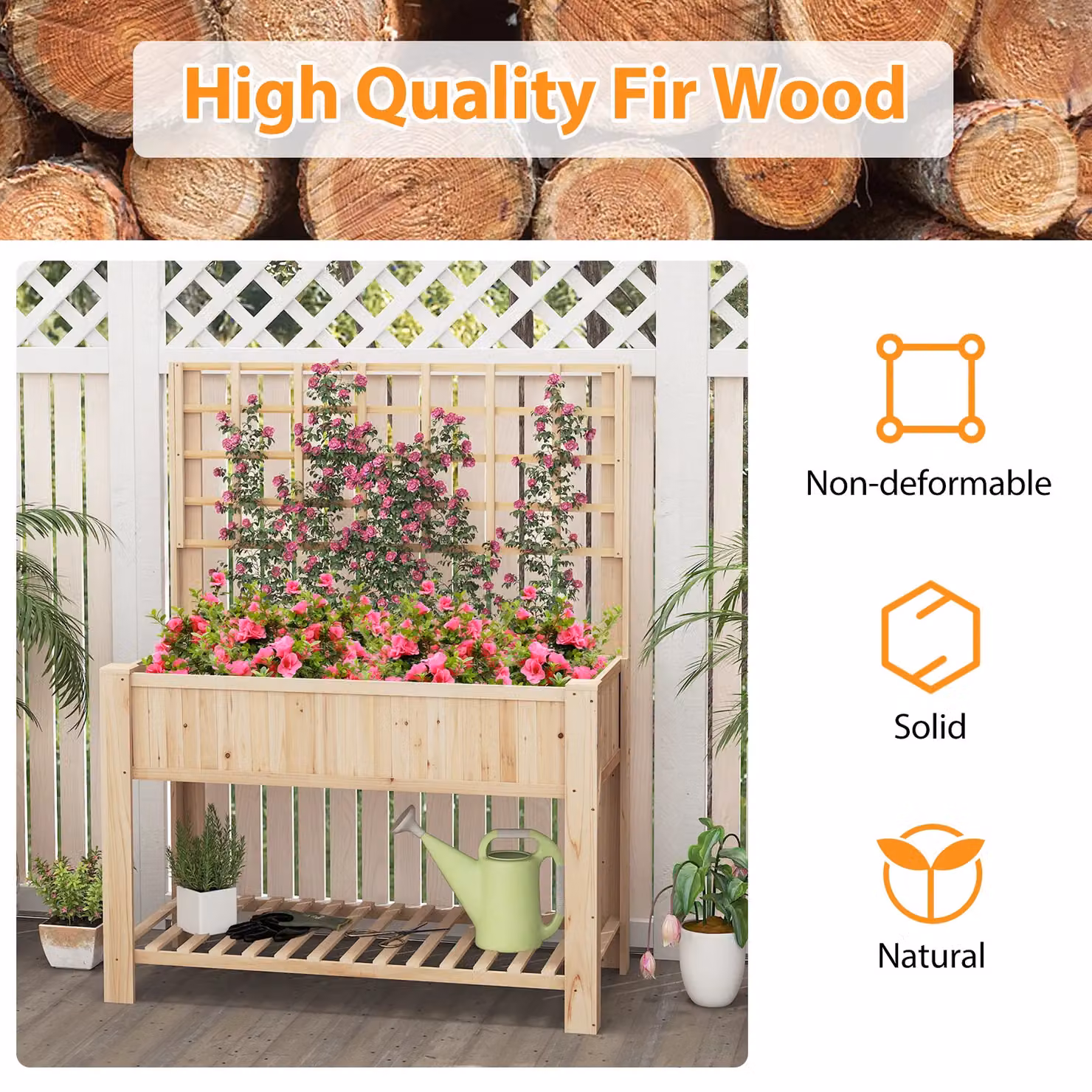 Gymax Wooden Elevated Planter Box with Trellis and Shelf in Beige – 2