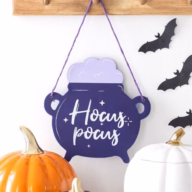 KDMK Hocus Pocus Cauldron Hanging Wall Plaque for Halloween Decor in Blue and Purple