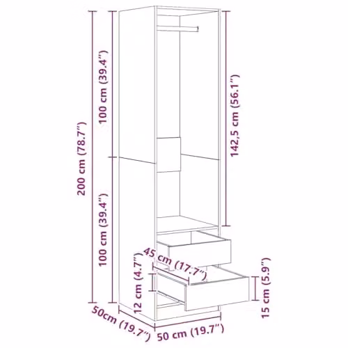 vidaXL Wardrobe with Integrated Drawers and Hanging Rod, Brown, W/D/H: 50 x 50 x 200 cm – 3