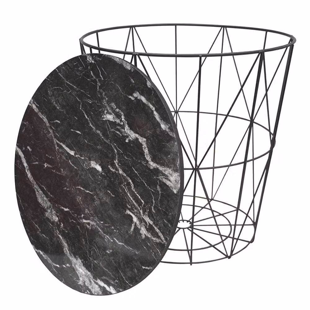 VOGREX Round Modern Side Table in Black Metal and Marble Effect MDF – 2